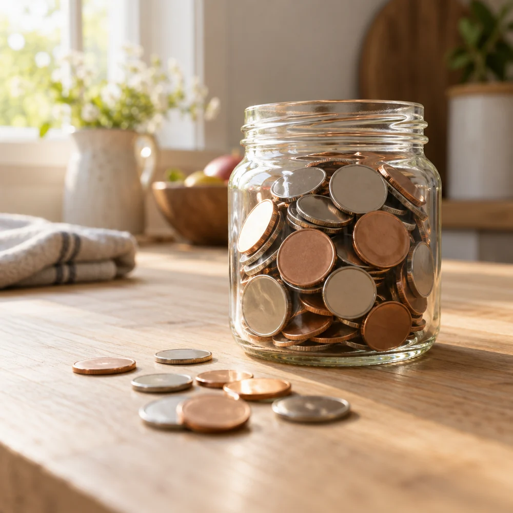 A glass jar of loose change on an oak kitchen table, with a few coins spilled in front