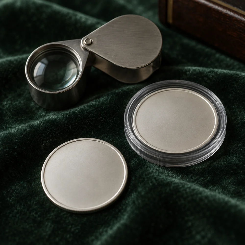 A steel jeweller's loupe on green velvet beside a coin in a clear capsule and a loose coin
