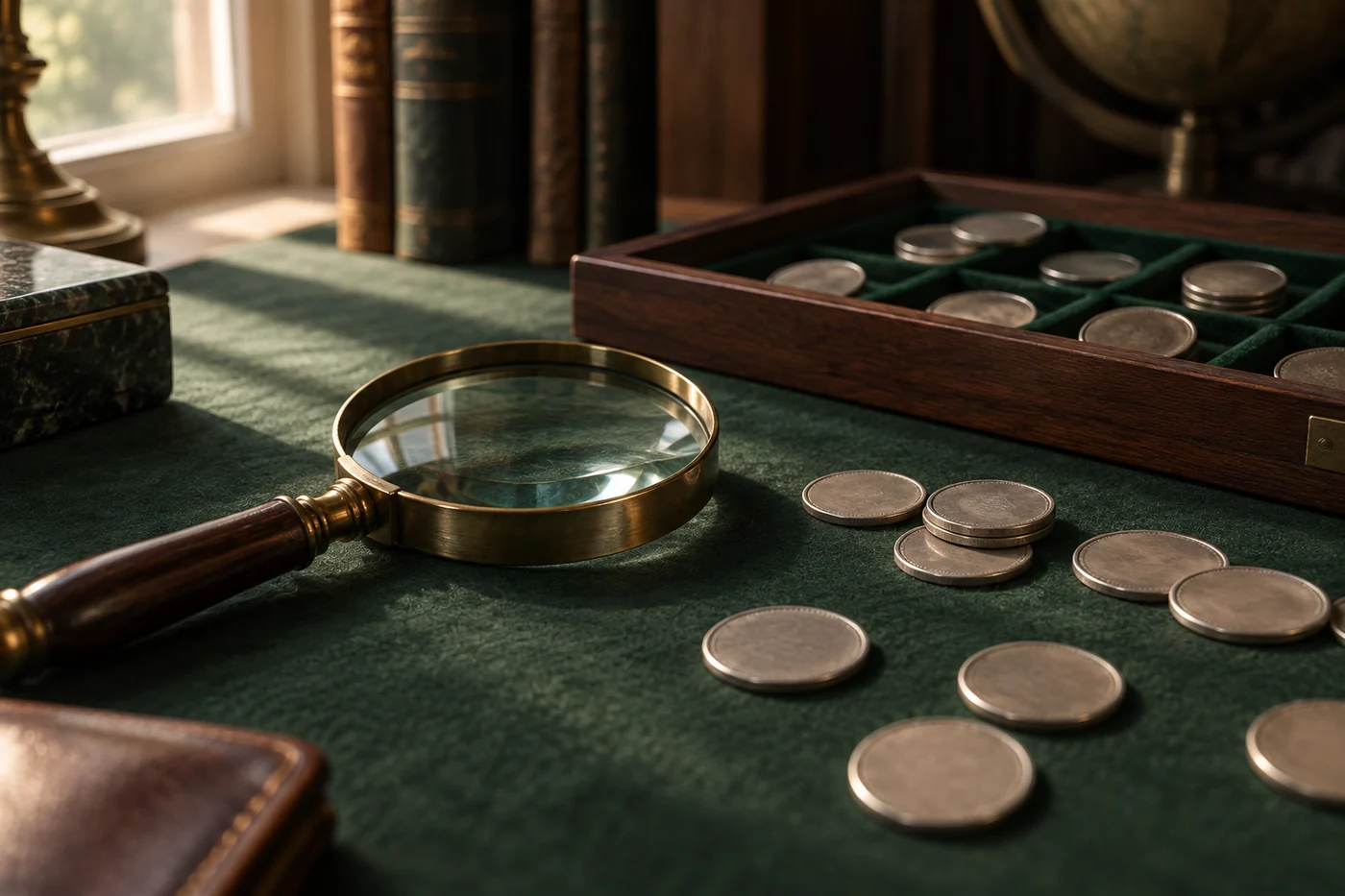 A brass magnifying glass on green baize beside a walnut coin tray and a scatter of silver-coloured coins