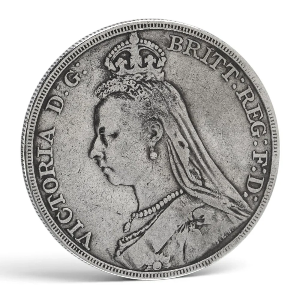 The portrait side of an 1889 Queen Victoria Jubilee head silver crown
