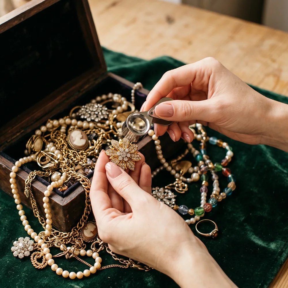 Illustration of manicured hands examining a rhinestone brooch with a jeweller's loupe beside an open box of mixed jewellery