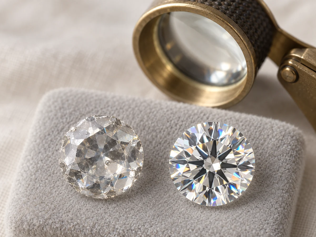 Illustration of two loose round stones under a loupe: worn, chipped glass with a bubble beside a crisp, sharp-edged diamond