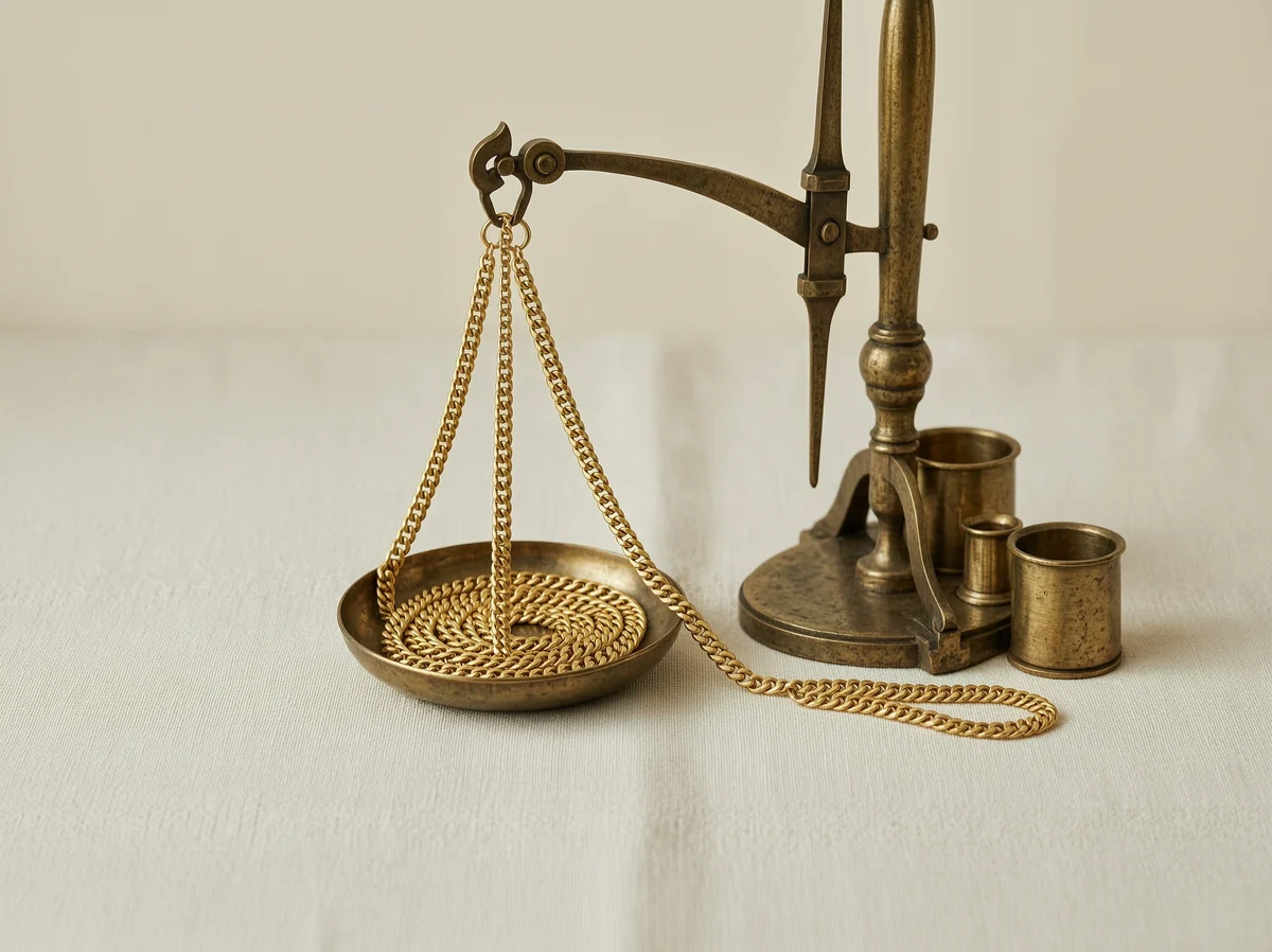 Illustration of a gold curb chain coiled in the pan of an antique brass jeweller's balance with weights
