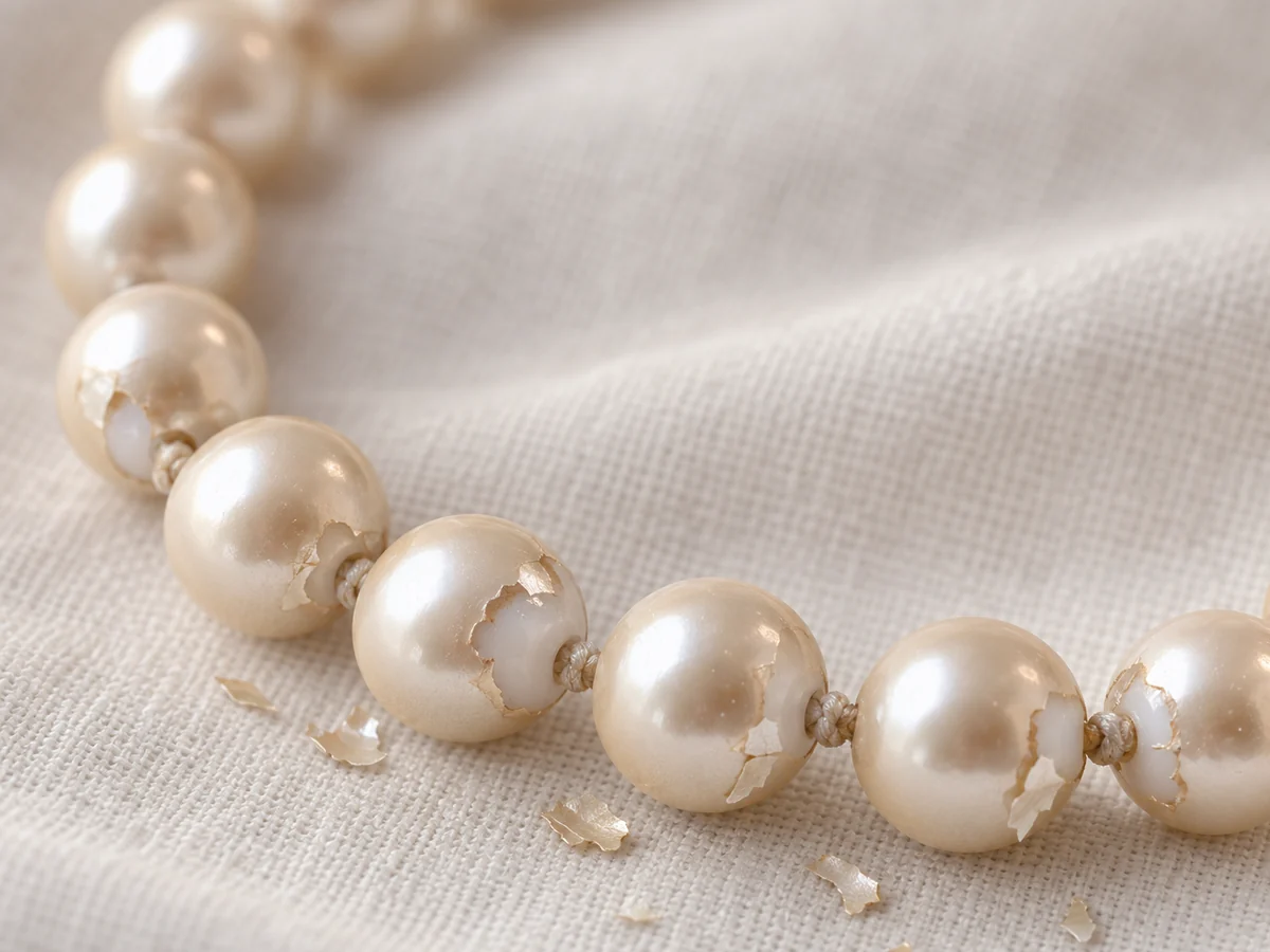 Illustration of imitation pearls with the pearly coating flaking off around the drill holes, showing white glass beneath