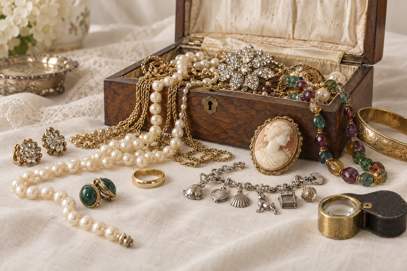 Illustration of an old walnut jewellery box spilling gold chains, faux pearls, a rhinestone brooch, a shell cameo, glass beads and a silver charm bracelet onto linen, with a jeweller's loupe