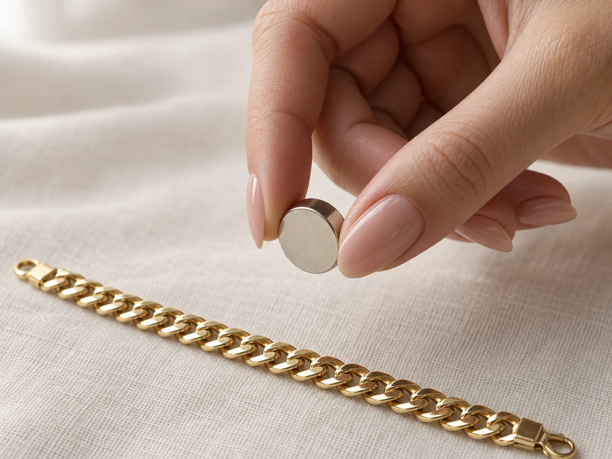 Illustration of a manicured hand holding a small neodymium magnet above a gold curb bracelet lying on linen
