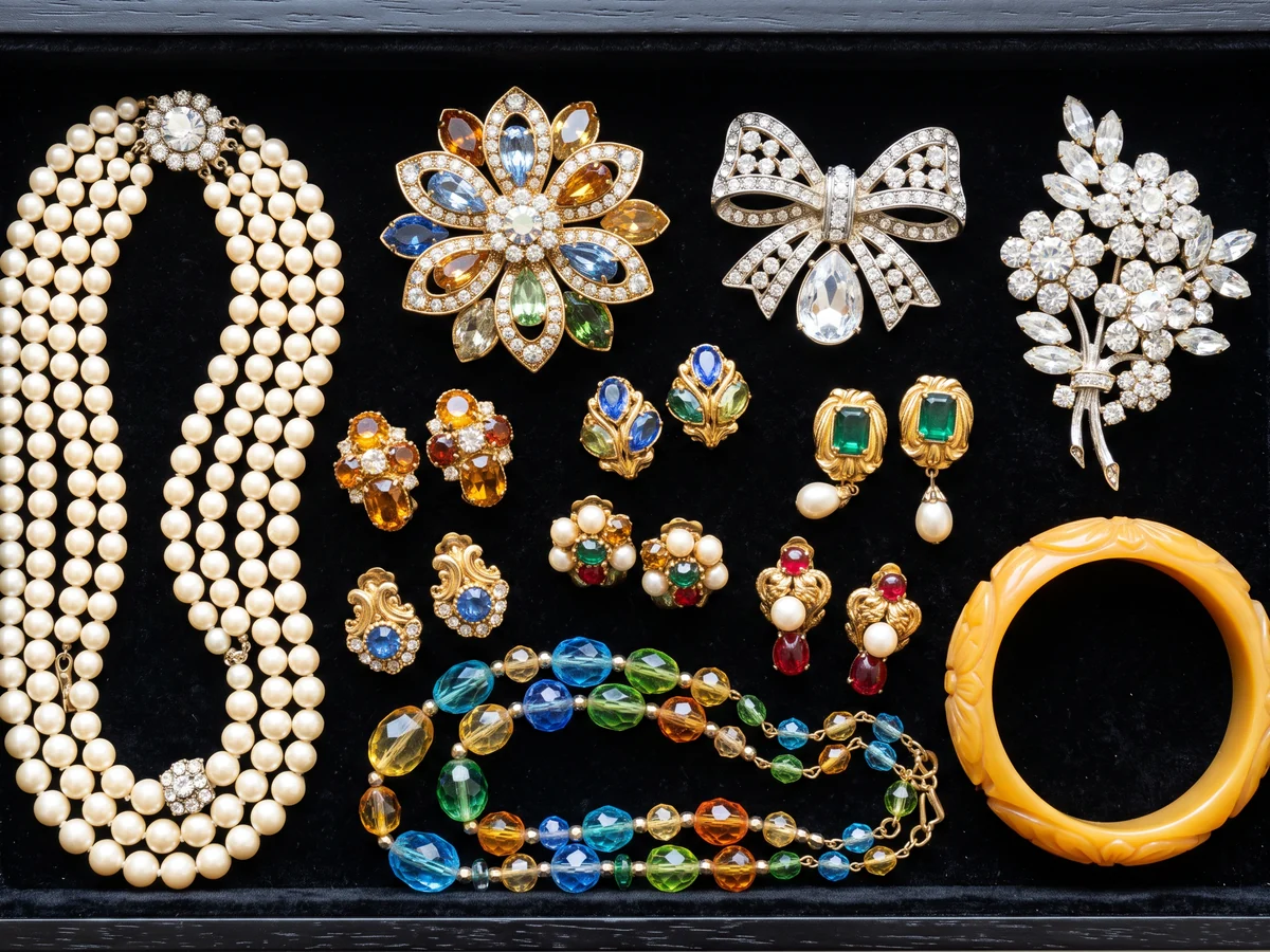 Illustration of mid-century costume jewellery: a rhinestone bow brooch, a crystal flower spray brooch, glass and faux pearl clip-on earrings and a carved plastic bangle