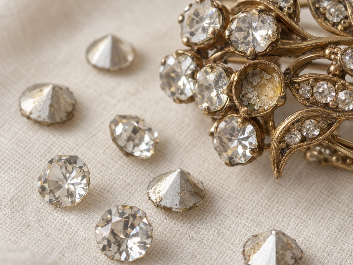 Illustration of loose glass rhinestones turned over to show silvery foil backs, beside a costume brooch with an empty glued cup