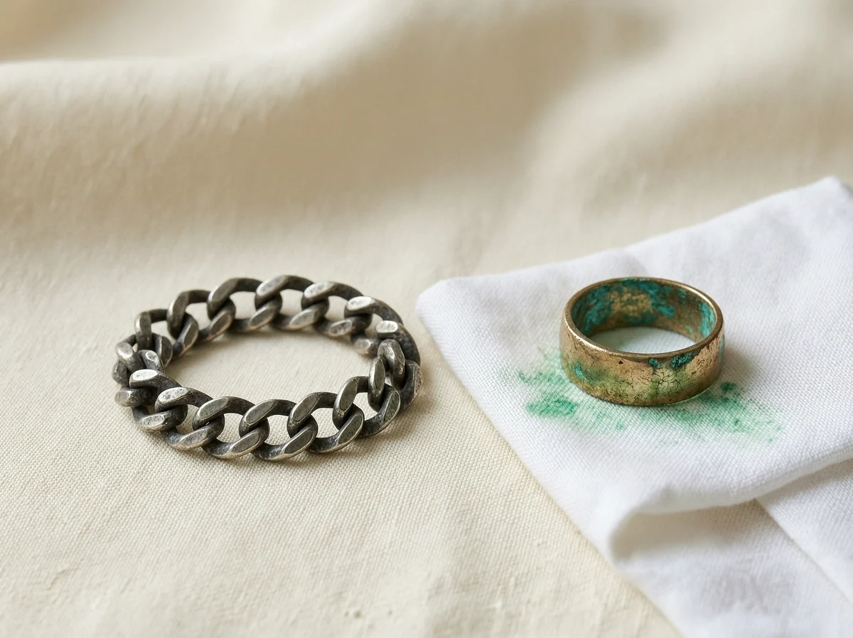 Illustration of a tarnished silver curb bracelet beside a brass ring gone green inside, leaving a green mark on a white cloth