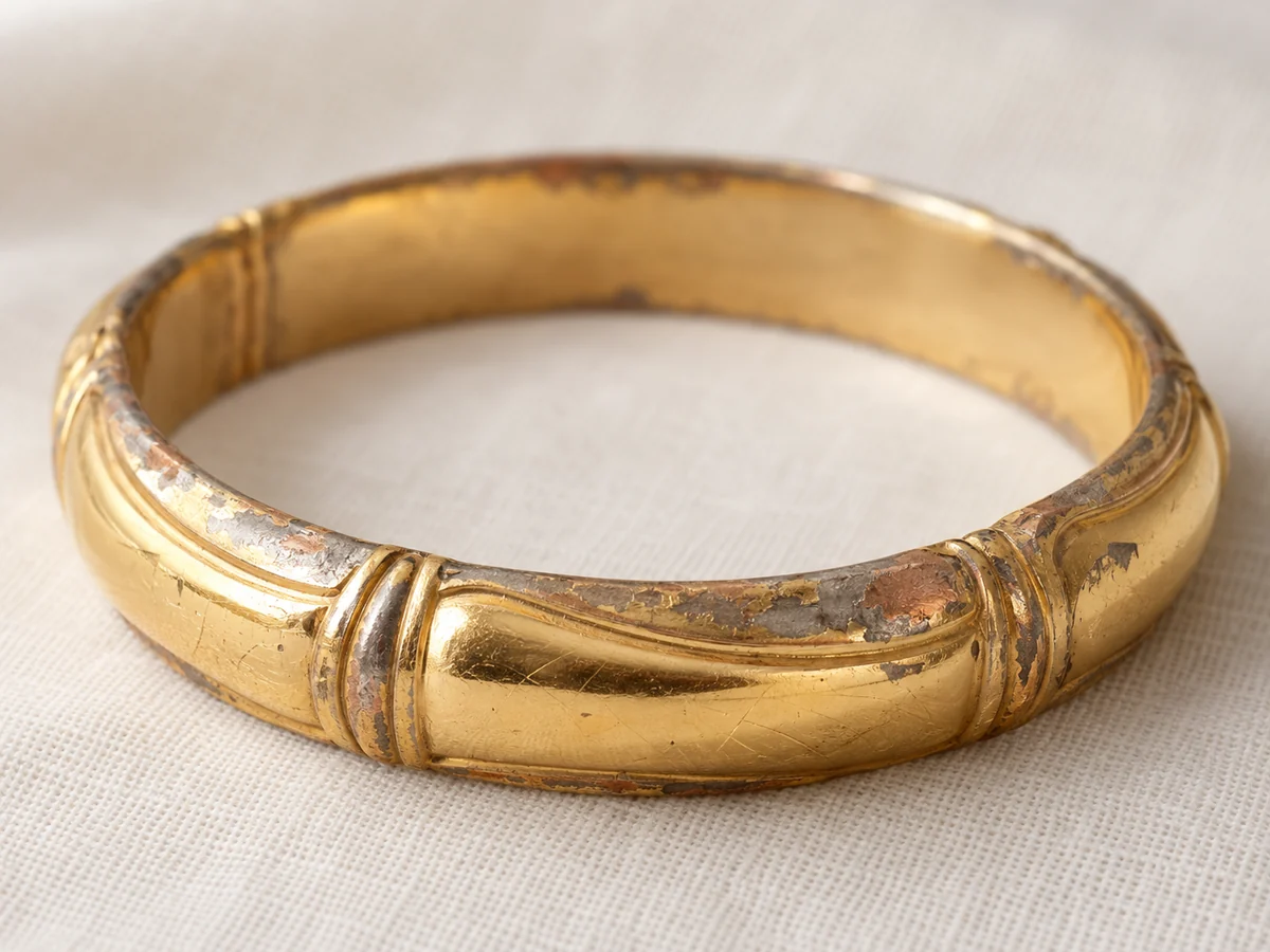 Illustration of a gold plated bangle with the plating worn through at the edges, showing grey and coppery base metal
