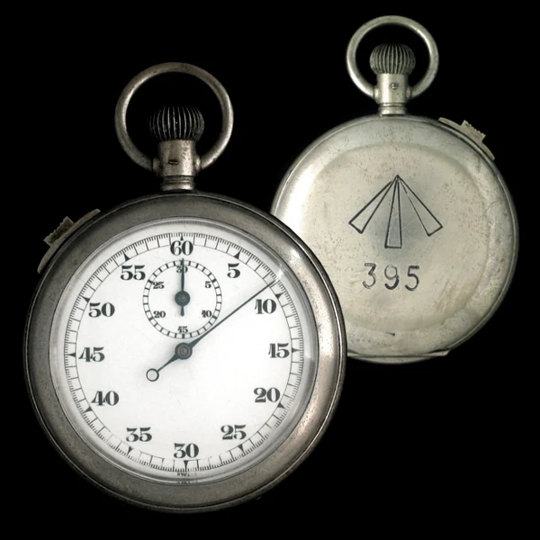 A First World War Gallet military stopwatch shown front and back, with a large broad arrow and the issue number 395 engraved on its back