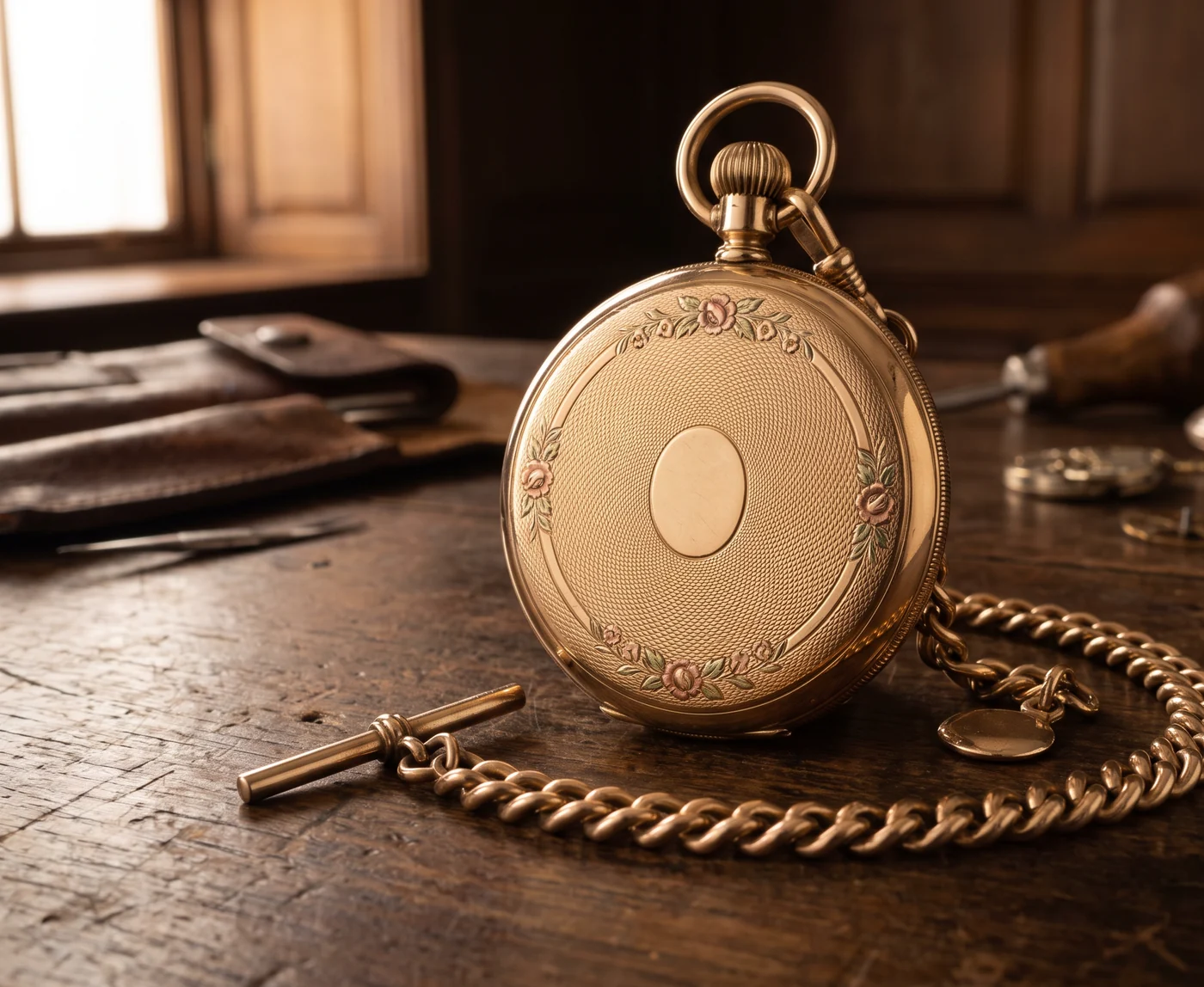 Closed antique yellow gold full hunter pocket watch with engine-turned lid and a gold Albert chain on a wooden bench