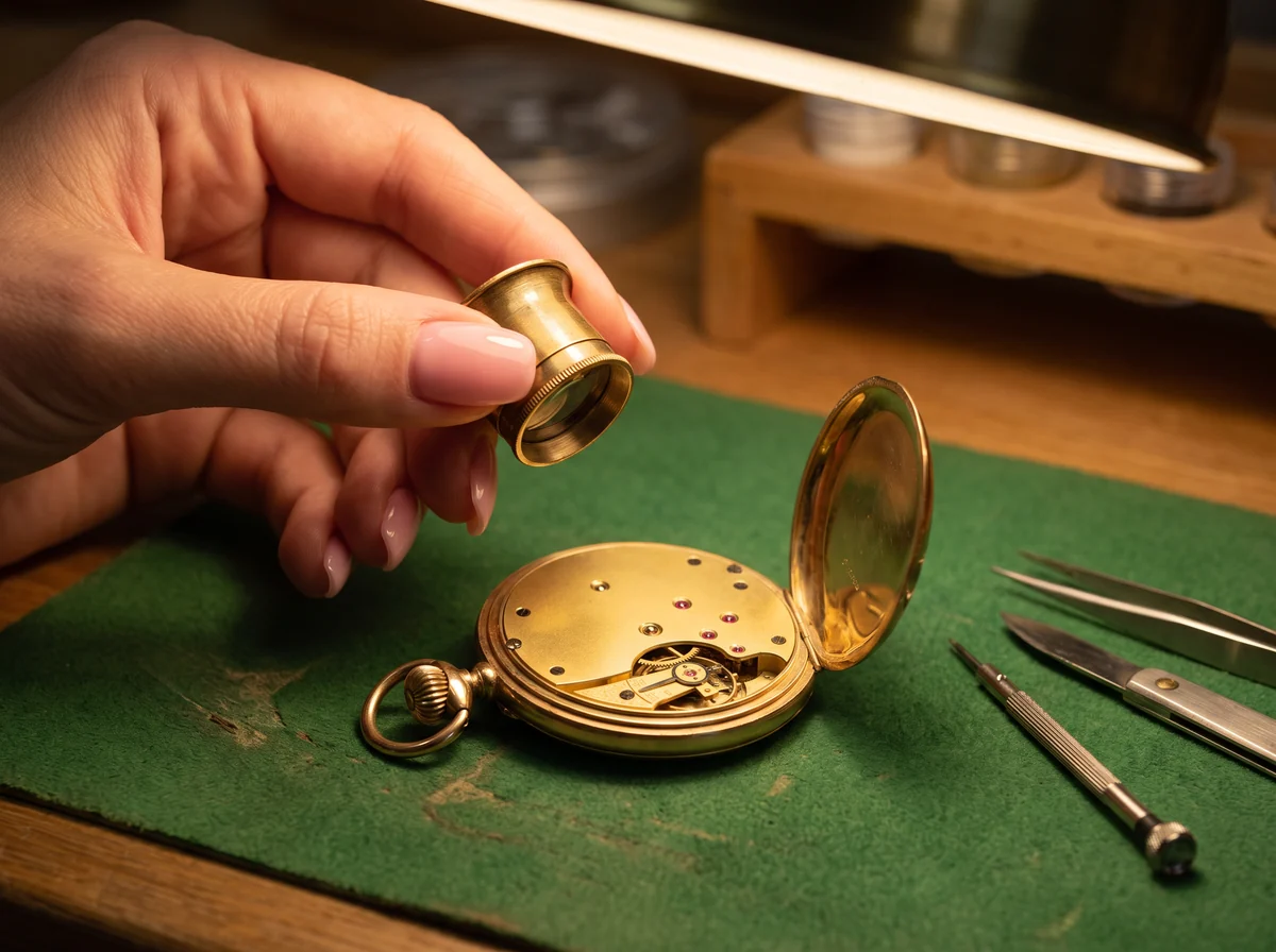 Hand holding a loupe over a gold pocket watch lying face down with its back open on a watchmaker's bench