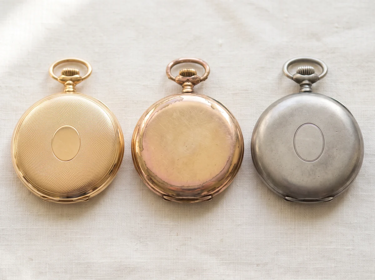 Three closed hunter pocket watch cases: solid yellow gold, worn gold filled showing brass, and silver
