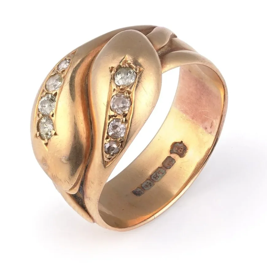 Edwardian 18ct gold snake ring set with diamonds, hallmarked Birmingham 1915
