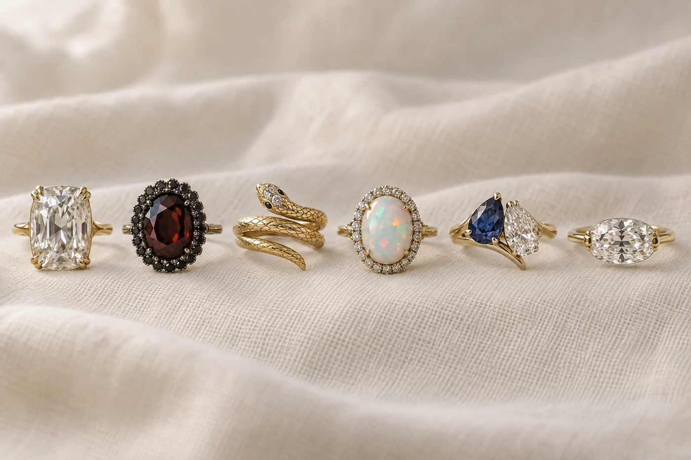 Six engagement rings in a row on ivory linen: an old mine cut solitaire, a garnet in black diamonds, a gold serpent, an opal halo, a sapphire and diamond toi et moi and an east-west oval diamond