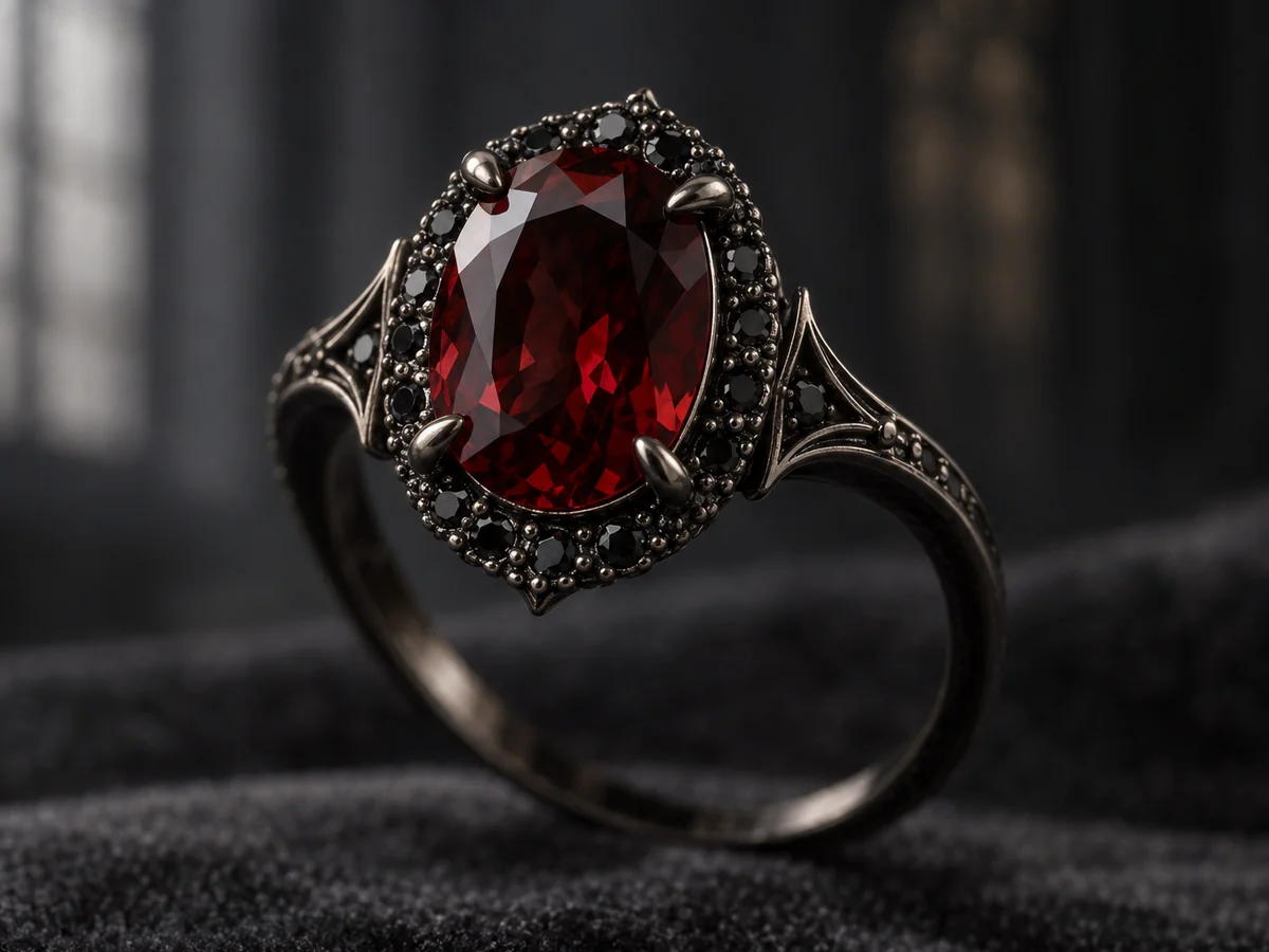Illustration of a gothic engagement ring: a deep red oval garnet in a halo of black diamonds, set in blackened gold, on charcoal velvet