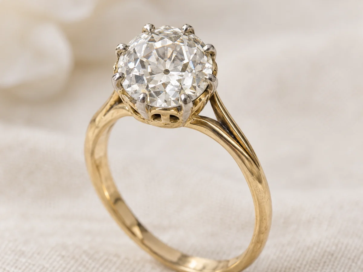 Illustration of an old European cut diamond solitaire in silver-topped claws on a yellow gold band with split shoulders