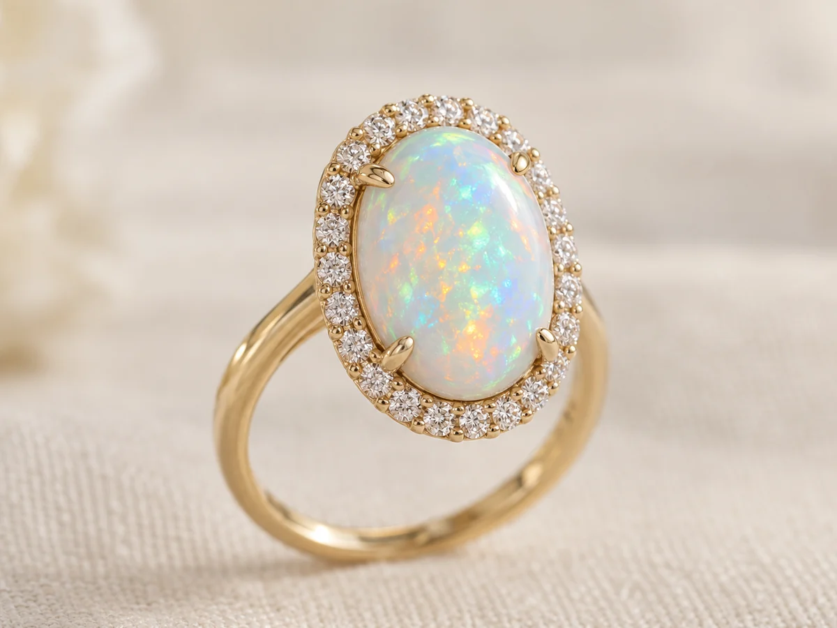 Illustration of an oval opal with green, blue and orange play of colour in a diamond halo on a yellow gold band