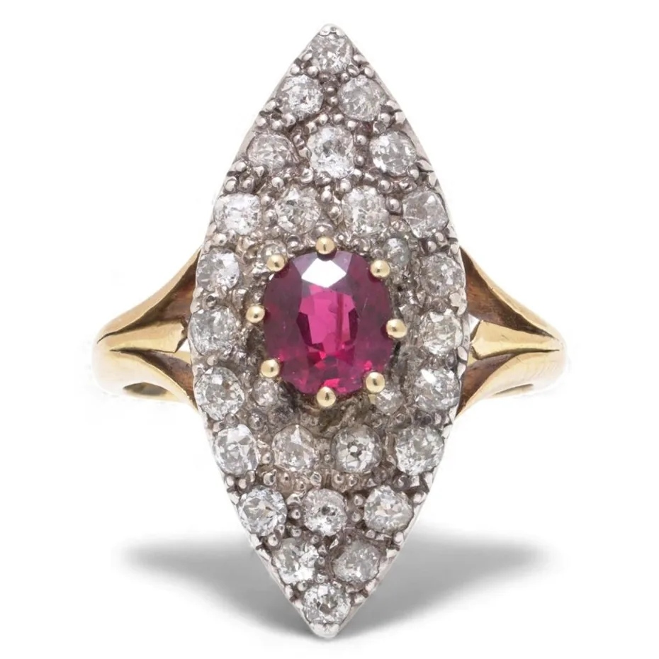 Victorian 18ct gold navette cluster ring with a ruby centre in old cut diamonds
