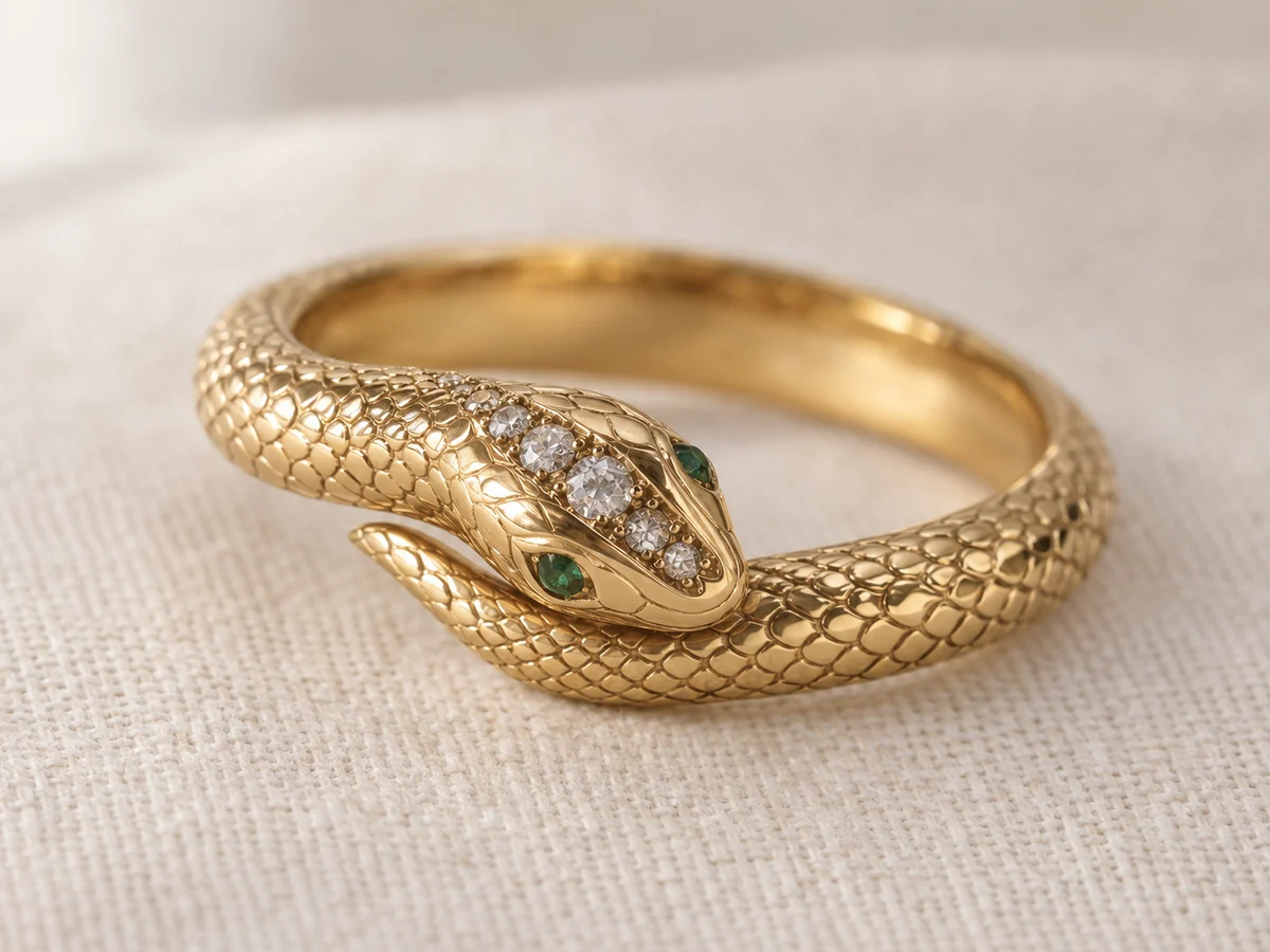 Illustration of a yellow gold serpent ring with a diamond-set head and emerald eyes