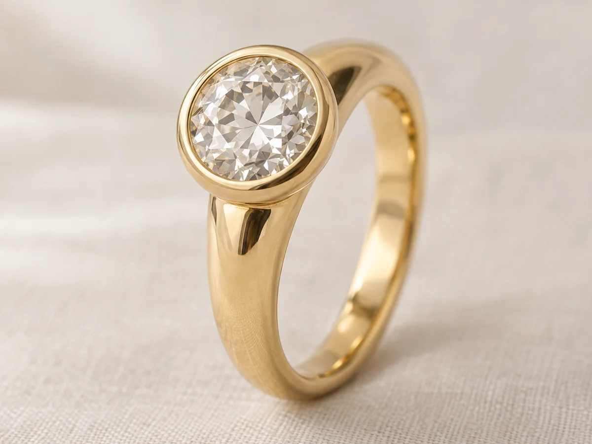 Illustration of an old European cut diamond in a polished yellow gold rubover setting on a substantial yellow gold band