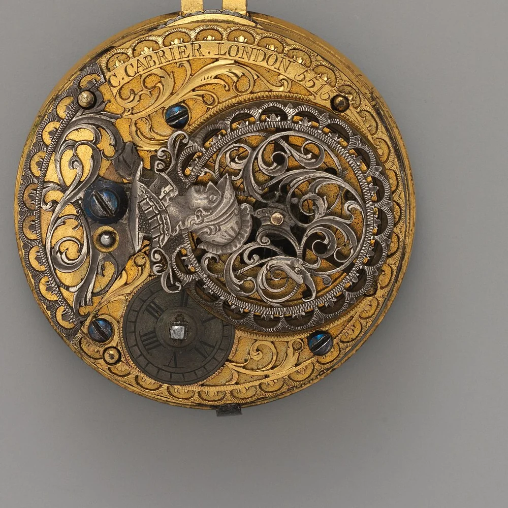 Gilt watch movement engraved C. Cabrier London with a pierced and engraved balance cock and a silver regulator dial
