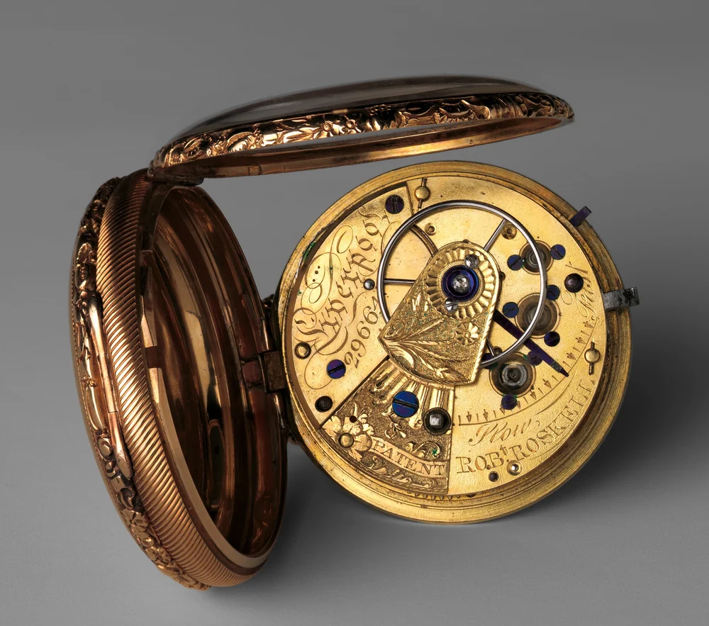 Gold pocket watch by Robert Roskell of Liverpool, 1820 to 1821, open to show the gilt movement engraved with his name and Liverpool