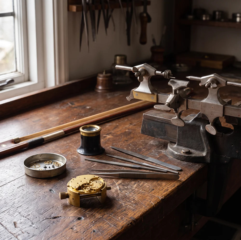 Victorian watch finisher's bench with steel watchmaker's turns in a vice, a bow, eyeglass, files, tweezers and a part finished gilt watch movement