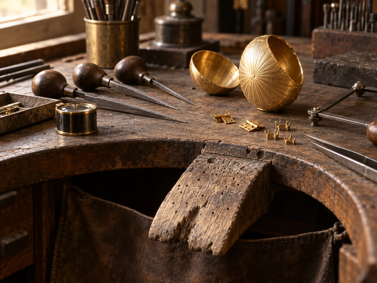 Illustration of an early 20th century goldsmith's bench with gravers, files and an engine-turned gold egg shell