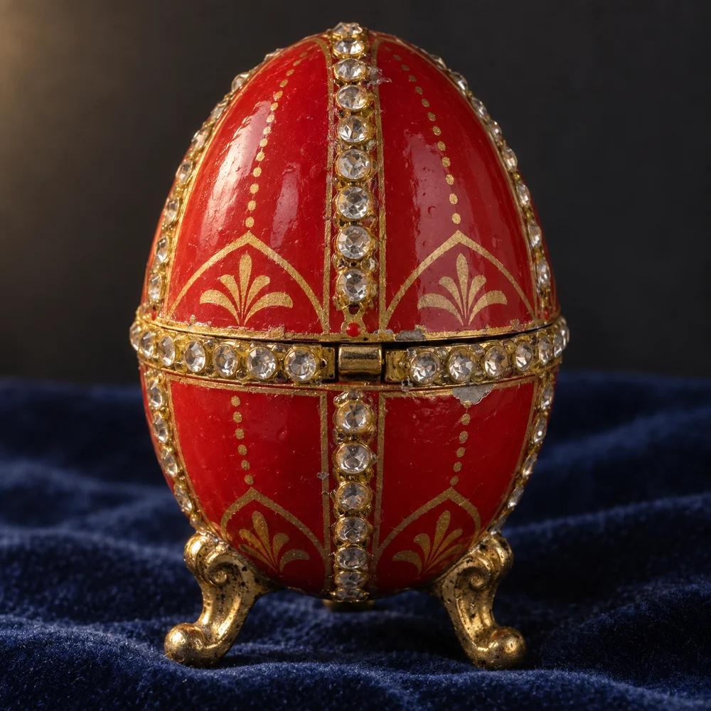 Illustration of a cheap decorative egg with opaque red paint, a printed pattern, glued rhinestones and worn gilt feet