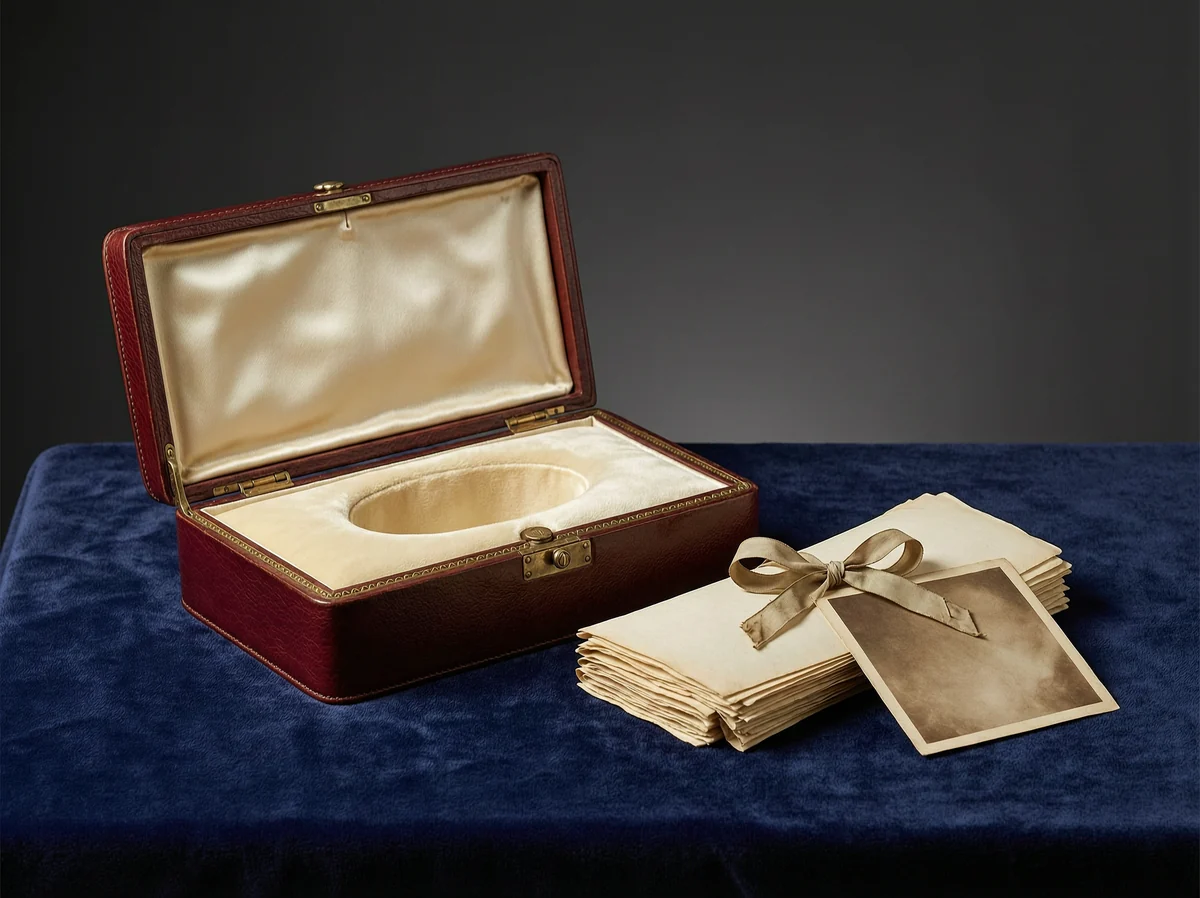 Illustration of an empty red leather fitted case with an oval recess beside a bundle of old papers tied with ribbon
