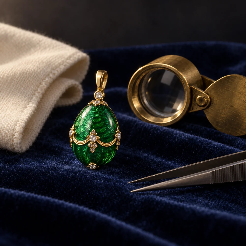 Illustration of a small green guilloche enamel egg pendant on dark velvet beside a jeweller's loupe, tweezers and a soft cloth