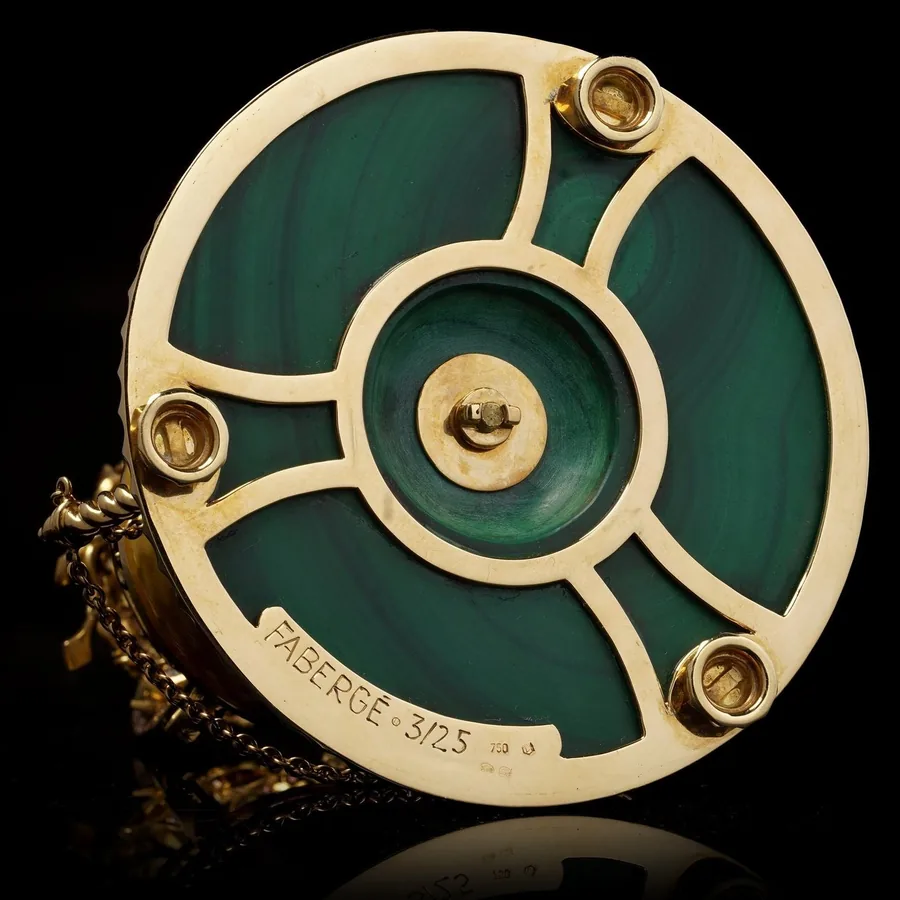 Underside of the malachite base of the Victor Mayer Faberge egg, engraved FABERGE 3/25 beside the gold standard marks