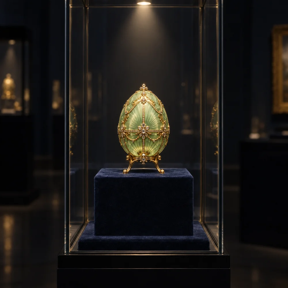 Illustration of a jewelled green enamel egg displayed alone in a lit museum glass case