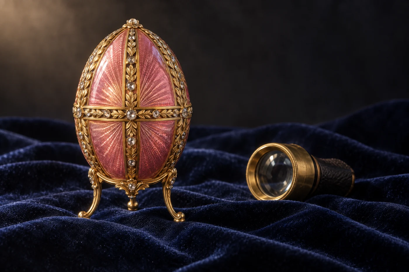 Illustration of a jewelled rose-pink guilloche enamel egg with gold laurel bands on a tripod stand, beside a jeweller's loupe on dark velvet