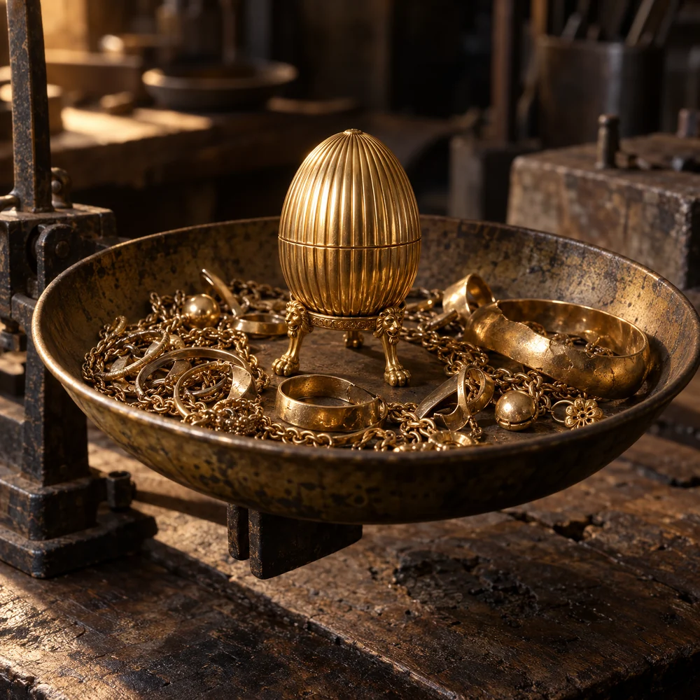 Illustration of a small ribbed gold egg on a stand sitting in a scale pan among scrap gold chains and rings