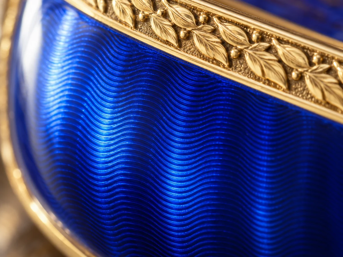 Illustration of translucent blue enamel over an engine-turned wavy pattern, edged with a chased gold laurel border