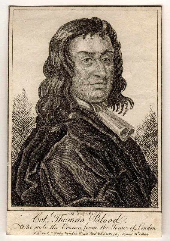 Engraved portrait of Colonel Thomas Blood, captioned as the man who stole the crown from the Tower of London, published in 1804