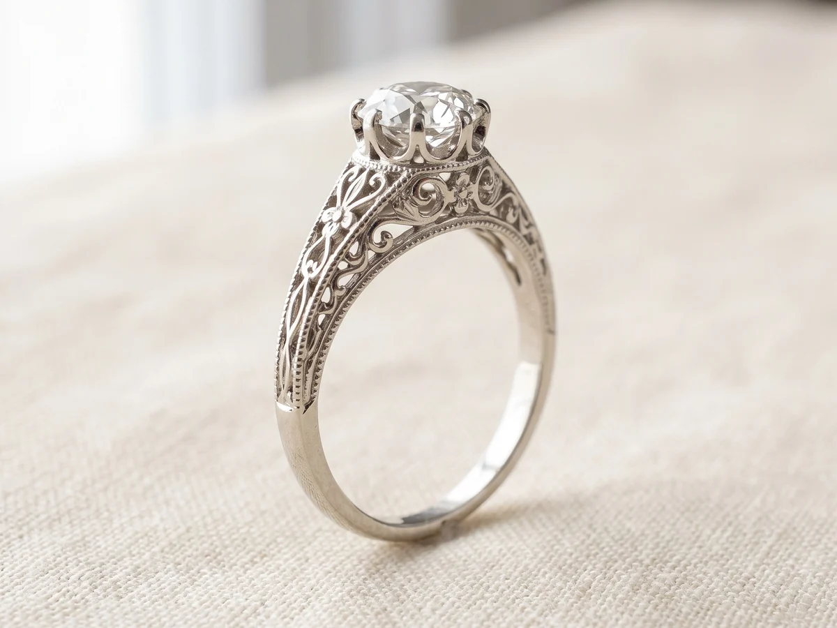 Illustration of a 1920s white gold engagement ring with a lacy pierced filigree mount and a single old European cut diamond