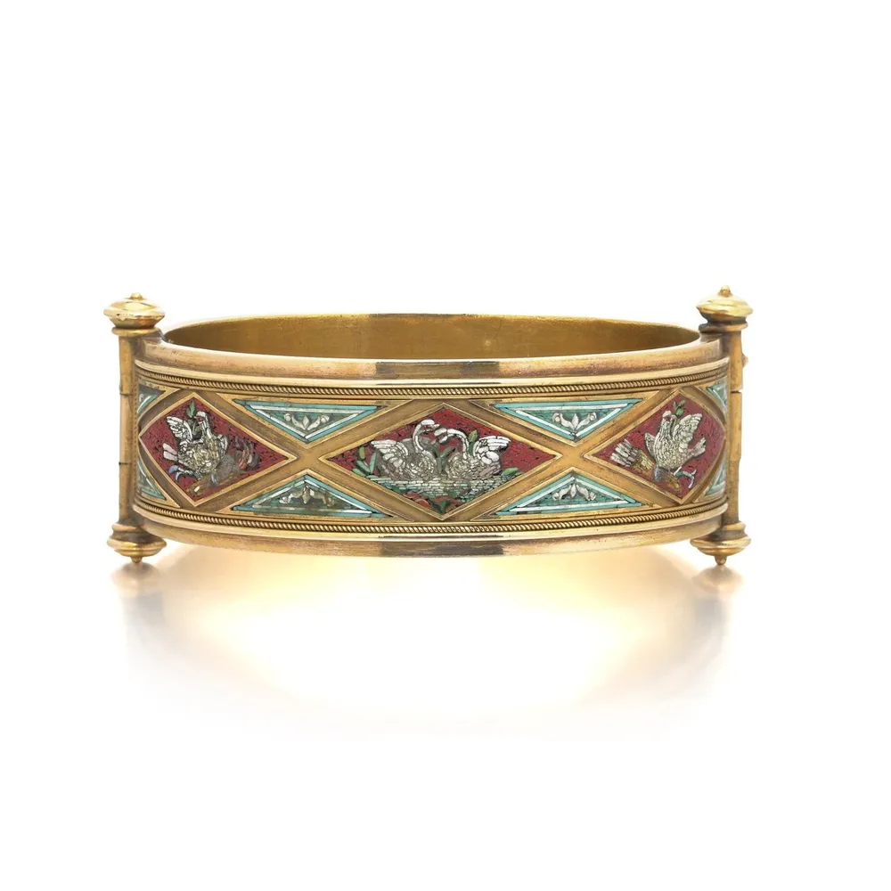 Antique Italian micromosaic bangle in 21ct gold with swans and doves, bordered by twisted gold ropework