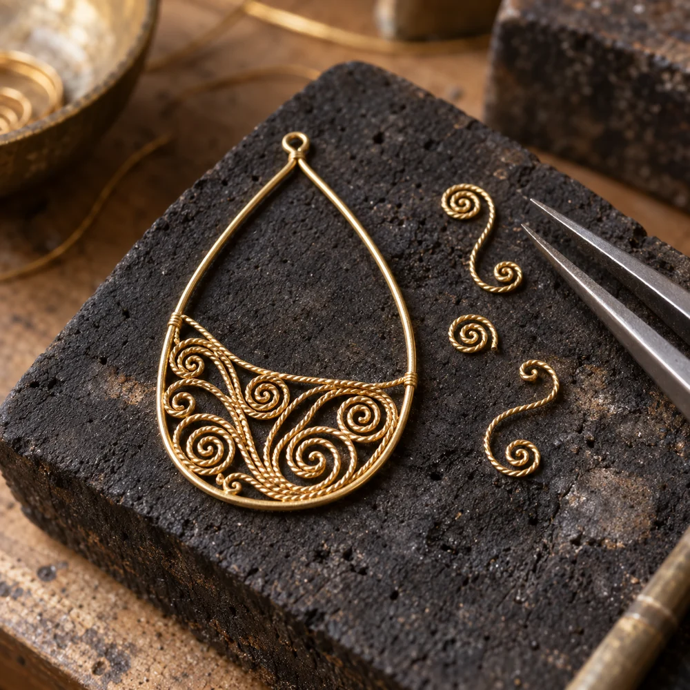 A teardrop gold wire frame half filled with twisted wire spirals on a charcoal soldering block, with loose spirals and tweezers