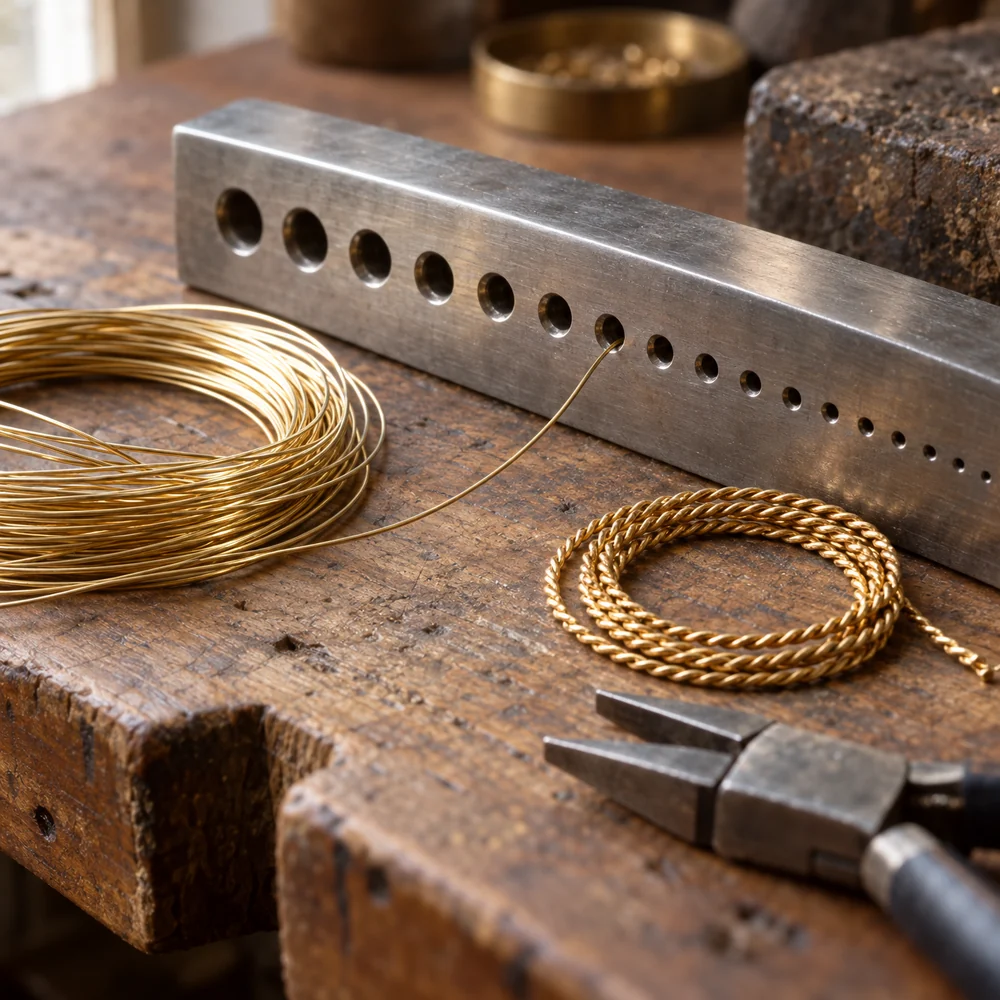 A steel drawplate with graduated holes, a coil of fine gold wire drawn through it and a coil of twisted gold wire on a goldsmith's bench