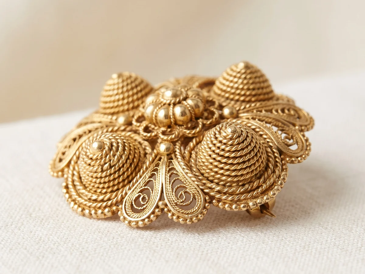 Illustration of a cannetille gold brooch: tightly coiled gold wire raised into beehive domes and rosettes with beaded edges
