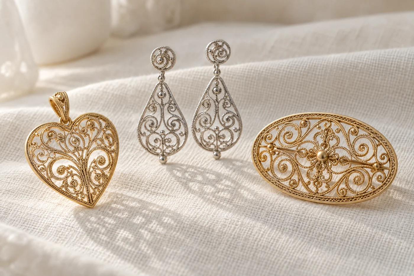 Illustration of filigree jewellery on ivory linen: a gold filigree heart pendant, silver filigree drop earrings and an oval gold filigree brooch, all of fine wire scrolls