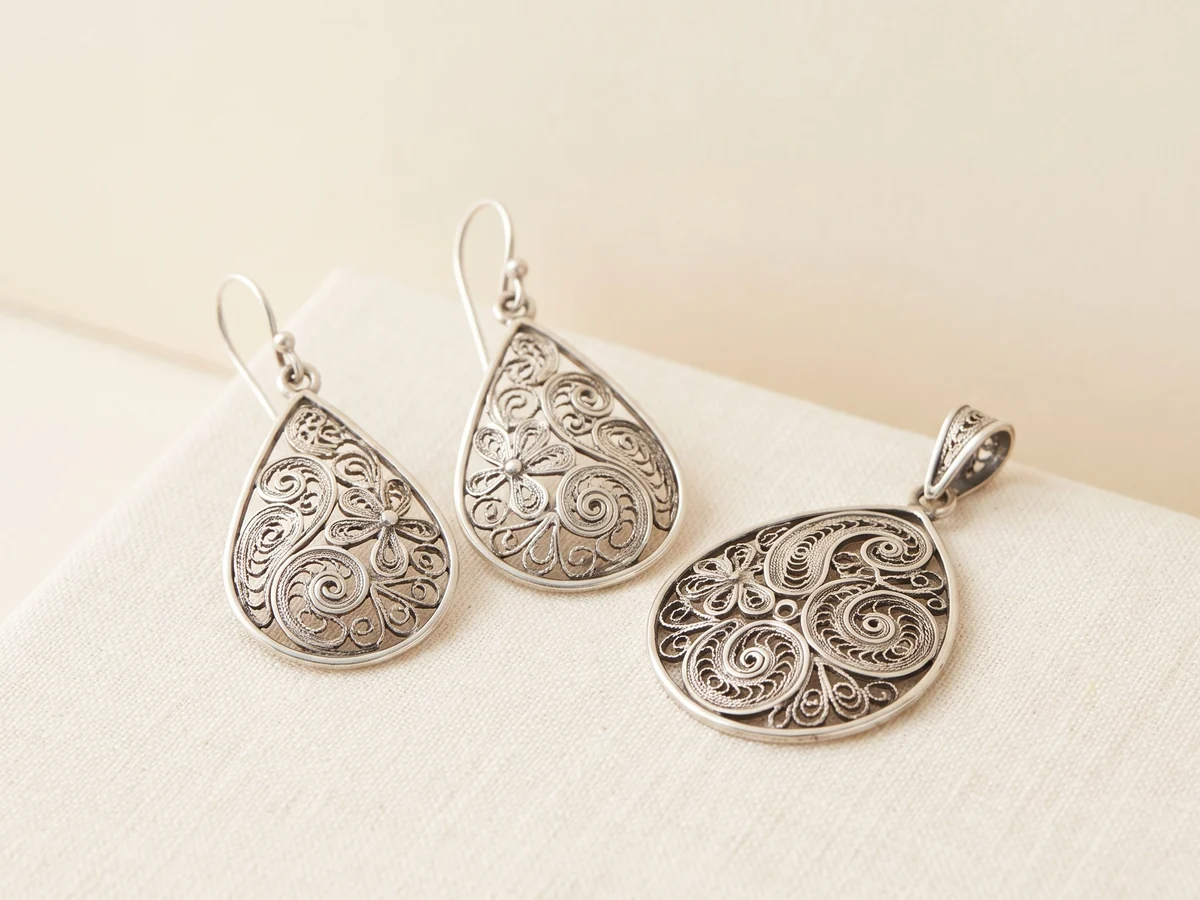 Illustration of Indian silver filigree drop earrings and a pendant of fine wire spirals and paisley scrolls