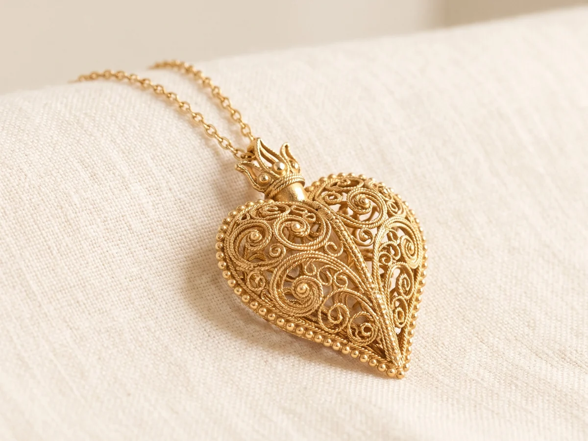 Illustration of a Portuguese gold filigree heart pendant in the Viana style, built of wire scrolls with a beaded edge