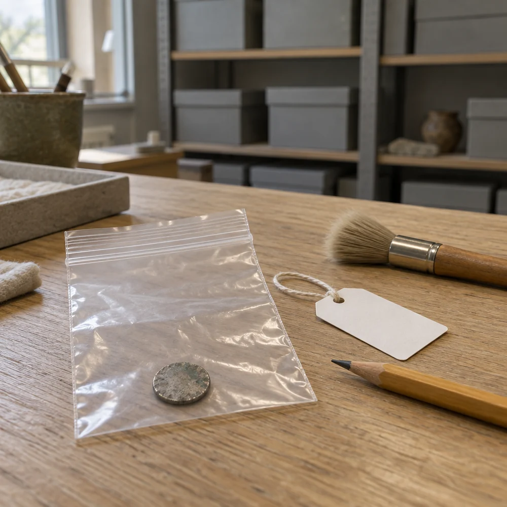 A worn coin in a clear finds bag on a museum work table, with a blank tag, a pencil and a brush, archive boxes behind