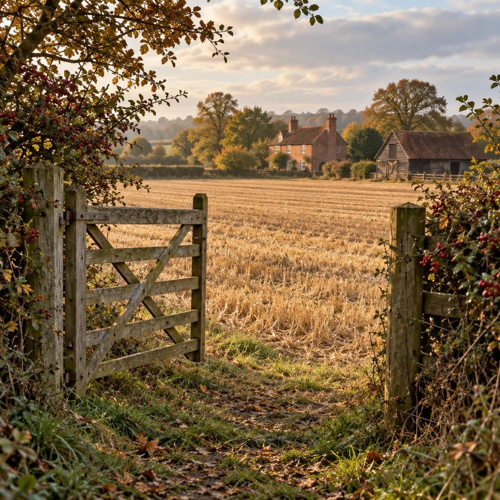 An open wooden field gate onto a stubble field, with a red-brick farmhouse and a timber barn beyond