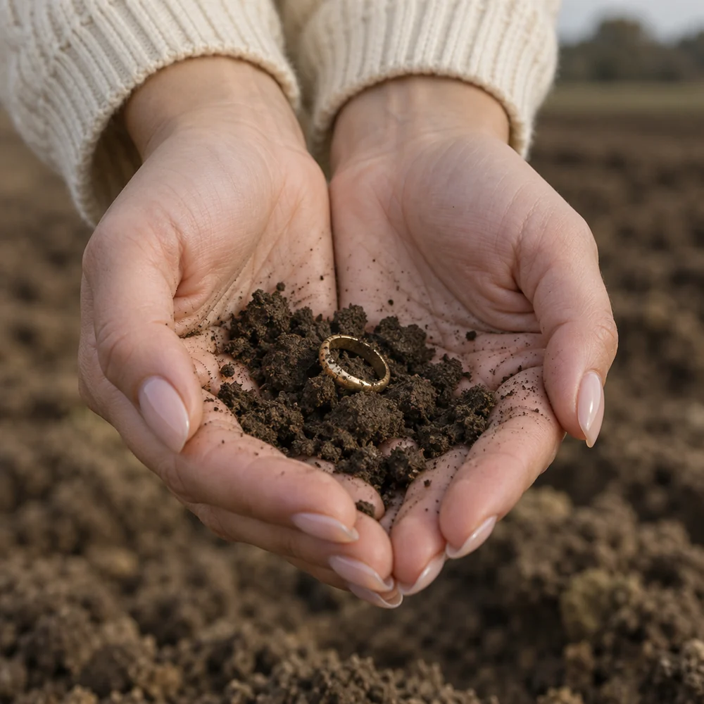 A woman's manicured hands cupping a small gold ring in a handful of soil over a ploughed field